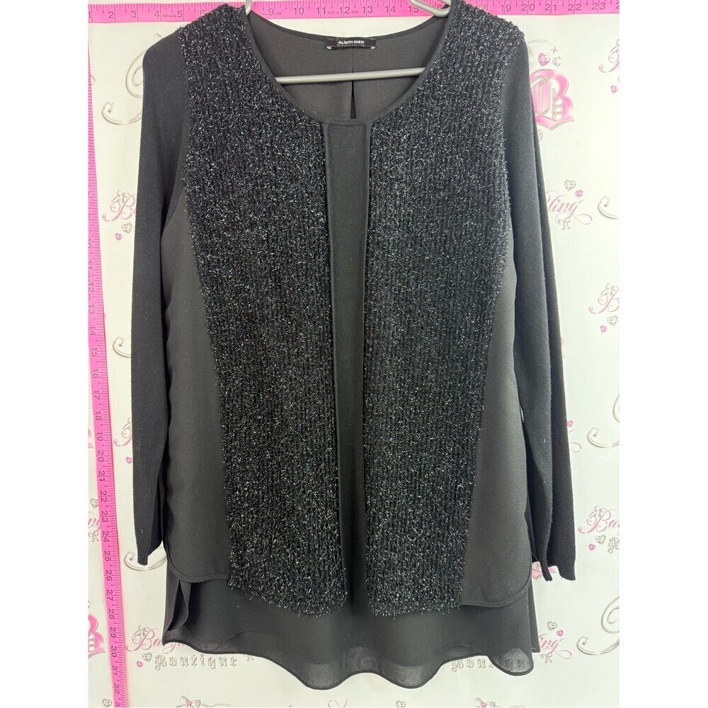 Alison Sheri shirt shiny sparkly tweed  Black Textured Front Long Sleeve Top